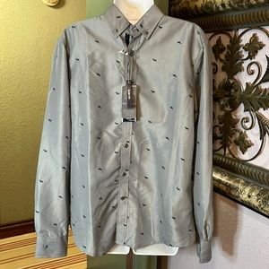 NWT Fun Mens Shirt International Report Slim Fit Grey w/Deer button LS Sz S